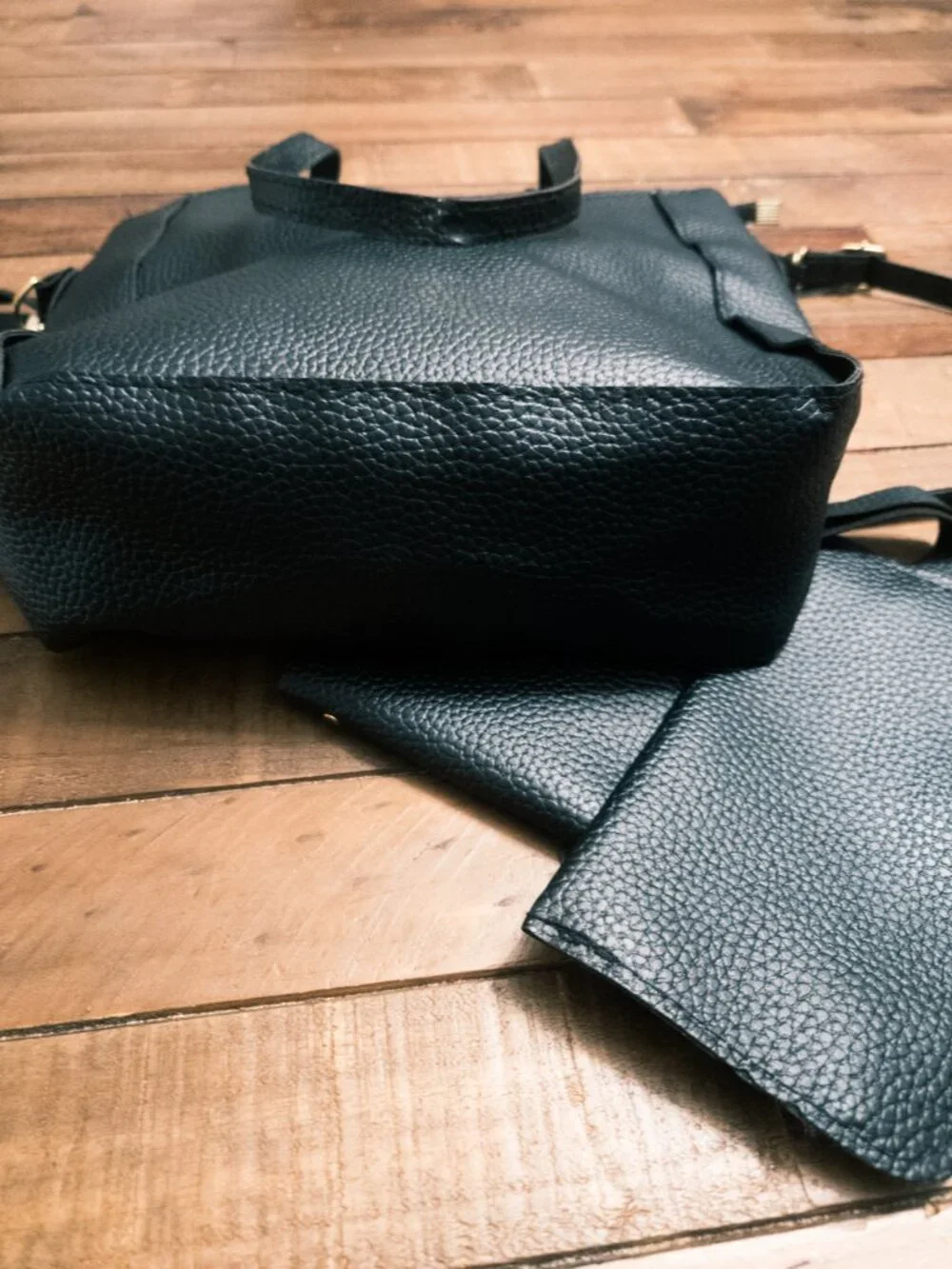 Jingpin 3pc Bag Set Black Pebbled Faux Leather Tote Matching Wallets‎